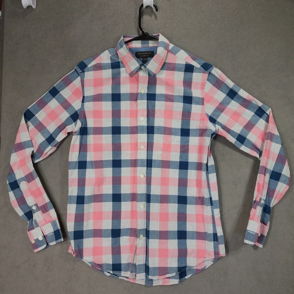 Banana Republic Button Up‎ Shirts S Men Lot 2 Buffalo Plaid Blue Pink Slim Fit